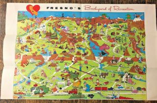 Vintage 1966 Cartoon Map Of Fresno California By A.  D.  Clary