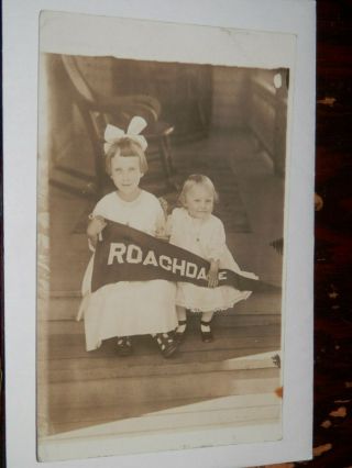 Roachdale In - 1907 - 1917 Real - Photo Postcard - Cute Girls With Pennant Priceless