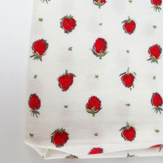 Vintage Cotton Fabric 1950s 1960s Red Strawberry Print On White Berries Fruit