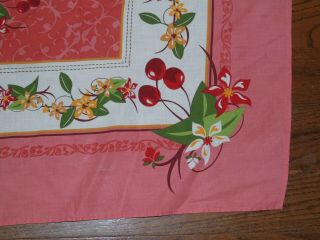 Vintage Fruits Cherries Cotton Tablecloth 59” X 82” Red White Yellow Green