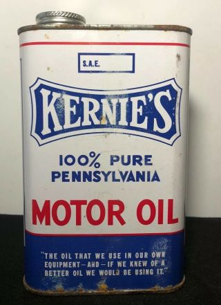 Vtg Kernie ' s 100 Pure Pennsylvania Motor Oil 1 Quart Oil Can Tin Square Quart 3