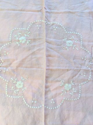 Vintage 40s 50s Pink and White Floral Embroidered Swiss Dot Luncheon Tablecloth 2