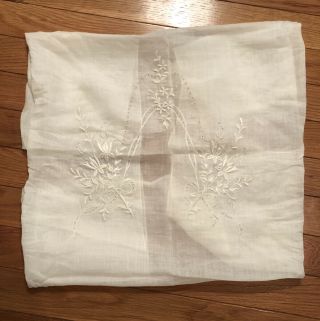 Antique/vintage French Embroidered Linen Tablecloth Table Topper 30” X 28”