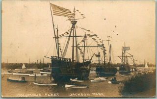 Chicago Illinois Rppc Photo Postcard " Columbus Fleet - Jackson Park " 1909 Cancel