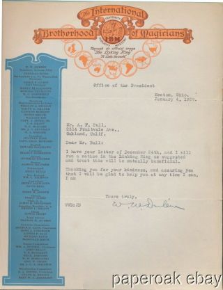 1929 Letter From President Of International Brotherhood Of Magicians
