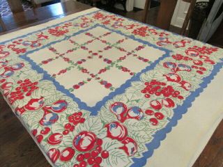 Vintage Cotton Tablecloth Blue/red/green Flowers & Cherries 46 " X49 "