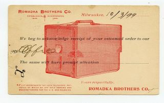 Illustrated Government Ux Postal Card 1899 Romadka Bros.  Suitcases Milwaukee