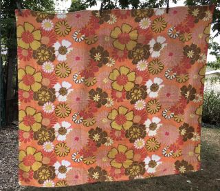 Vtg Tablecloth Terrycloth Cotton Mcm Retro Flower Power Orange Red Brown 46x52 "