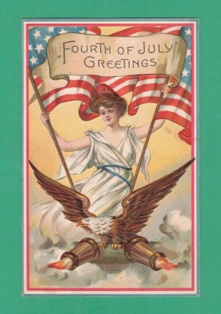 1912 July 4th Patriotic Postcard Lady Liberty Flags Eagle Cannons