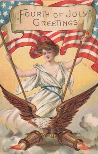 1912 JULY 4TH PATRIOTIC POSTCARD LADY LIBERTY FLAGS EAGLE CANNONS 2