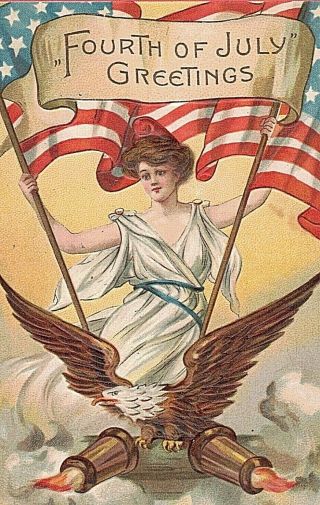 1912 JULY 4TH PATRIOTIC POSTCARD LADY LIBERTY FLAGS EAGLE CANNONS 3