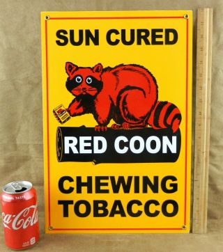 Red Coon Chewing Tobacco Porcelain Advertising Sign Sun Dried 18 " X 12 " T103