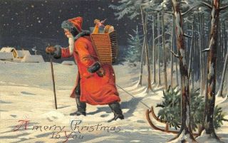 Embossed Red Suited Santa Claus Walking Cane Snow A Merry Christmas Postcard