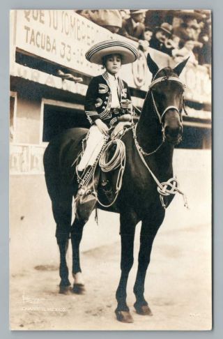 Mexican Cowboy " Charrito " Rppc Vintage Photo Bull Fighting Pc Stamp To Nyc 1930s