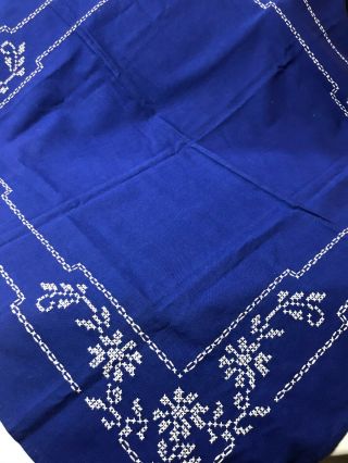 Vintage Hand Sewn Blue Tablecloth W White Cross - Stitch Cottage Boho Pristine
