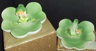 Vintage Porcelain Lego Elves Green Pixies On 3 Leaf Clover Cute & Collectible