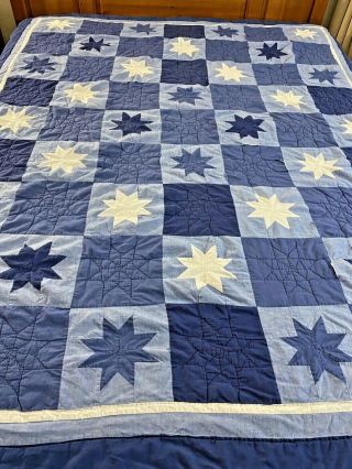 Vintage Hand Quilted Blue & White Star Patchwork Quilt 65 " X 80 " Twin Sz 664