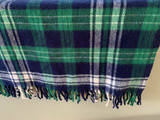 Faribo Pure Wool Blanket Throw Fringe Blue Green Plaid 54x47 Faribault Wool Mill