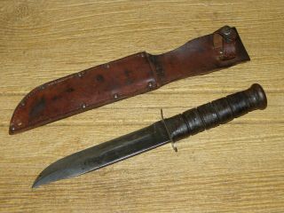 Early Wwii Usmc Ka - Bar Fighting Knife With Leather Scabbard