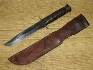 Early WWII USMC KA - BAR Fighting Knife with Leather Scabbard 2