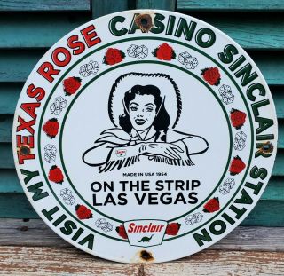 Vintage 1954 Dated Porcelain Sign Sinclair Vegas Texas Rose Casino Dino Gas