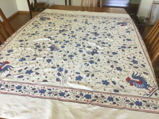 Vintage 50s Startex Tablecoth Roosters,  Butterflies,  Blue Red,  50 1/2 Square