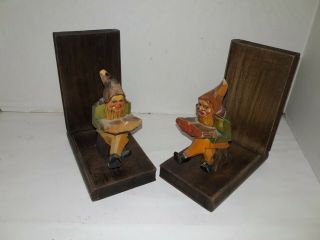 Vintage Hand Carved Gnome Wood Bookends