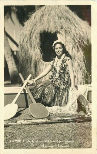 Hula Girl Outrigger Canoe Hawaii 1940s Rppc Photo Postcard 20 - 1159
