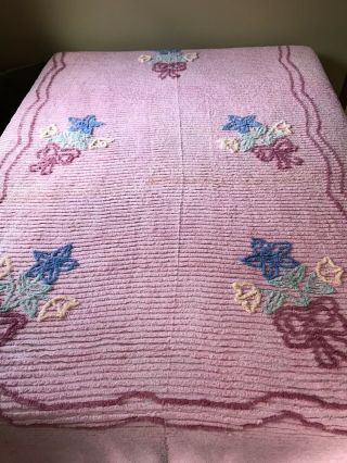 Vintage Pink Cotton Chenille Bed Spread 90” X 102” W/ Blue Yellow Pink Designs