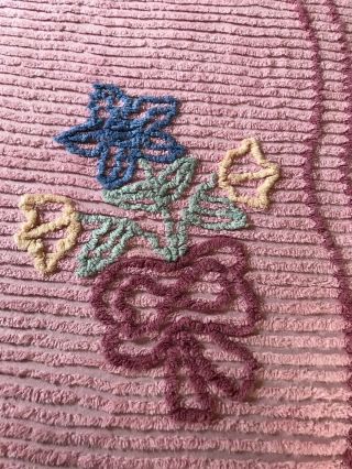 Vintage Pink Cotton Chenille Bed Spread 90” X 102” W/ Blue Yellow Pink Designs 2