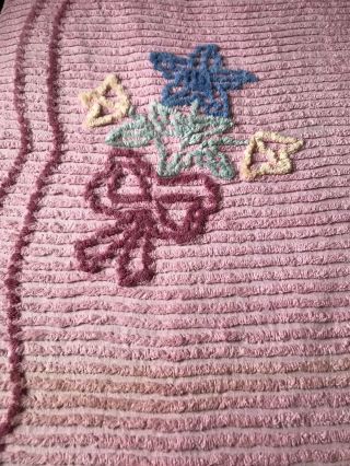 Vintage Pink Cotton Chenille Bed Spread 90” X 102” W/ Blue Yellow Pink Designs 3