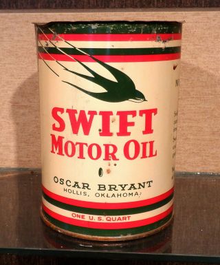 1930s Swift 100 Paraffin One Quart Motor Oil Oscar Bryant Hollis Oklahoma
