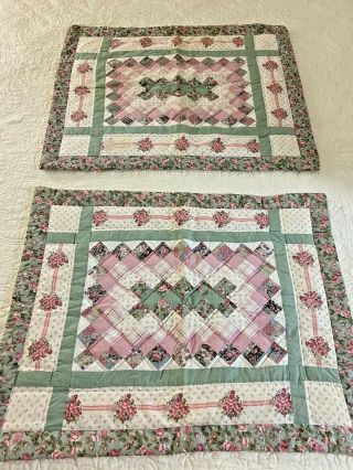 Vintage Hand Quilted Patchwork On Point Quilt Shams Set Of 2 Standard Sz