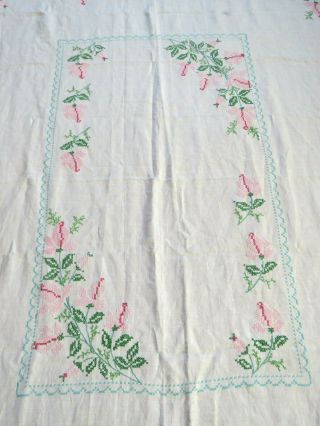 Vintage 50s White Linen Table Cloth Cross Stitch Pink & Green Flowers 61 " X 46 "