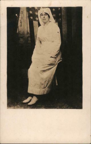 Women Rppc Photo Arcade Red Cross Nurse Posing In Front Of An American Flag