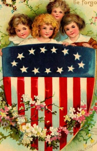 C 1910 Clapsaddle Gar Patriotic Postcard Children American Flag Shield