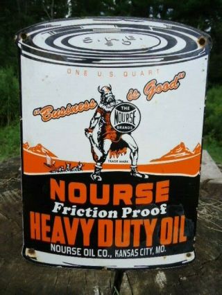 Vintage 1950s Nourse Heavy Duty Oil Can Porcelain Gas Pump Sign