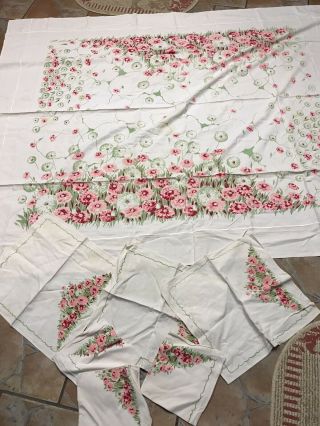 Vintage Pink & Green Flowers Kitchen Linen Tablecloth W/ Matching Napkins