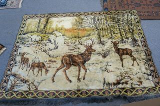 Vintage Italian Velvet Tapestry Deer Buck Doe Wall Decor Hanging 48 " X 69 "