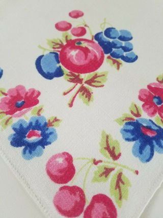 Vintage Pink Blue Floral Cherries Fruit Hand Print Tablecloth Napkins 50 X 48