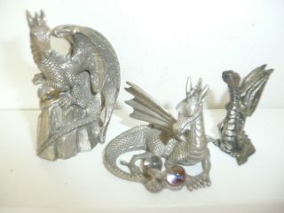 3 M.  W.  F.  P.  Masterworks Miniature Pewter Fantasy Mythical Dragons W/ Crystal Ball