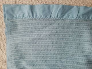 Vintage Thermal Weave Acrylic Blue Blanket Satin Edge Binding Full Queen