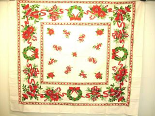 X6 Vintage Tablecloth,  Christmas,  Red & White,  Bells & Ornaments 48 X 52 In.