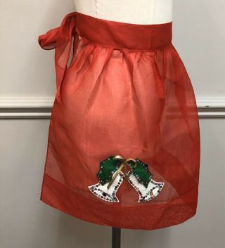 Vintage Christmas Half Apron Sheer Red Felt Bell Holly Sequin Bow 1960s Holiday