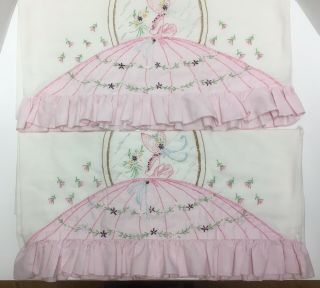 Vtg Pair Crinoline Lady Southern Belle Applique Embroidered Pillowcases Pink