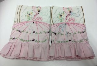 Vtg Pair Crinoline Lady Southern Belle Applique Embroidered Pillowcases Pink 2