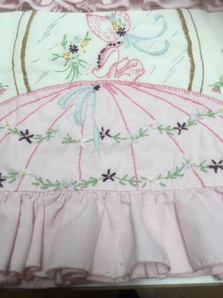 Vtg Pair Crinoline Lady Southern Belle Applique Embroidered Pillowcases Pink 3