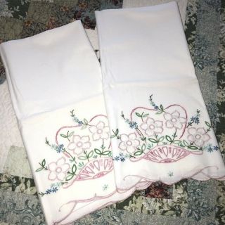 Vintage Set Of 2 Hand Embroidered Pink Flower Basket Pillowcases Standard Sweet