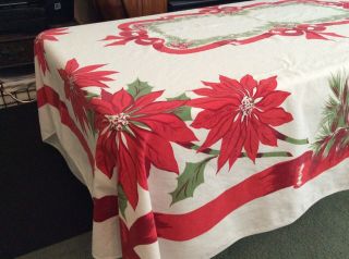 Vintage 50’s Christmas Tablecloth 52” X 60” - Large Poinsettia And Ribbons
