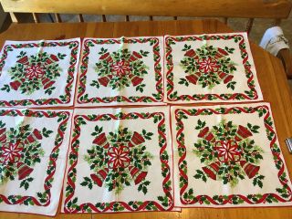 Vintage Christmas Cloth Napkins Set Of 6 With Bells,  Holly,  Ribbon 16x15